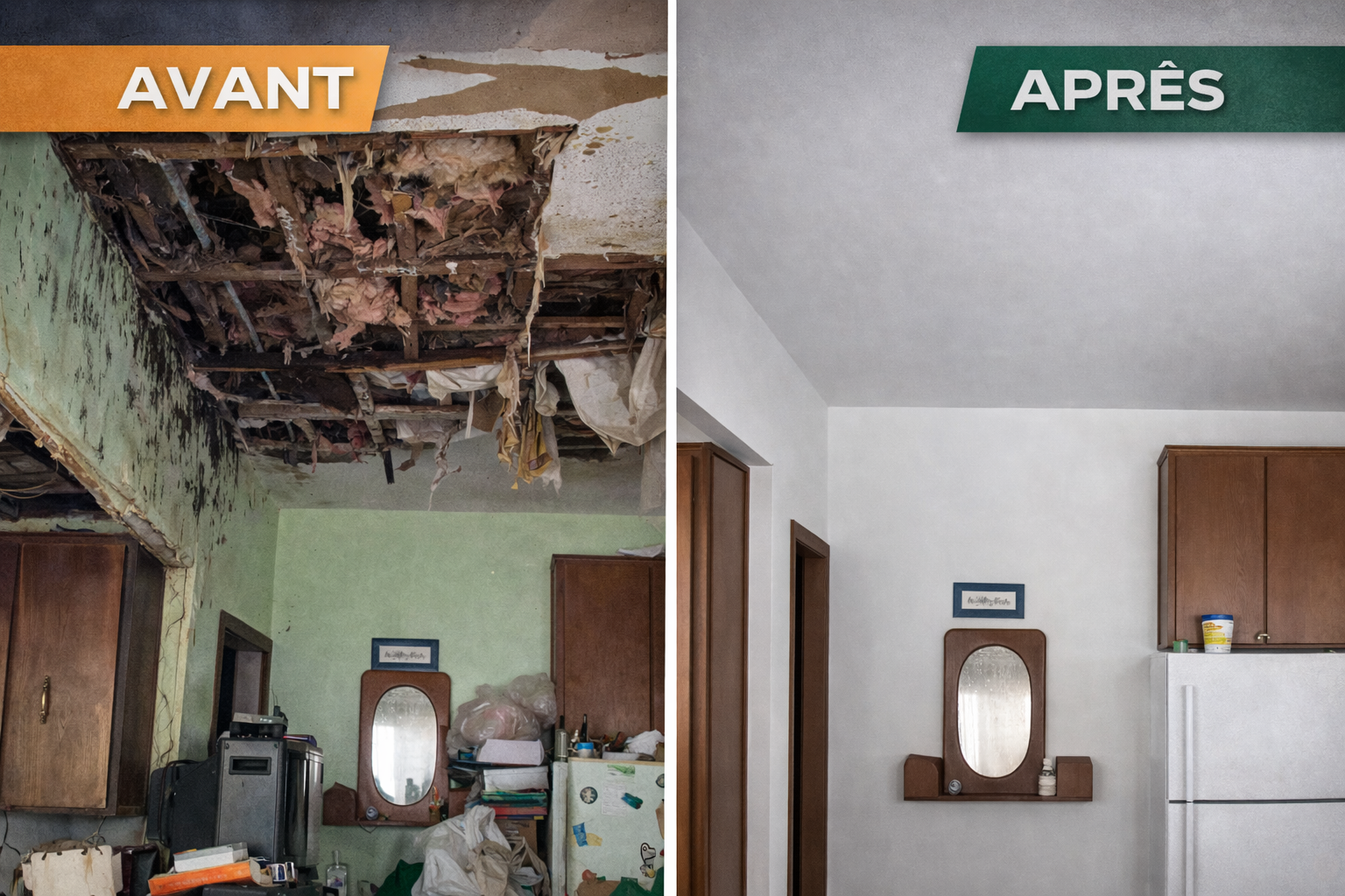 Photos avant/après de la rénovation d'une cuisine montrant un plafond et un mur endommagés, réparés et repeints en blanc.
