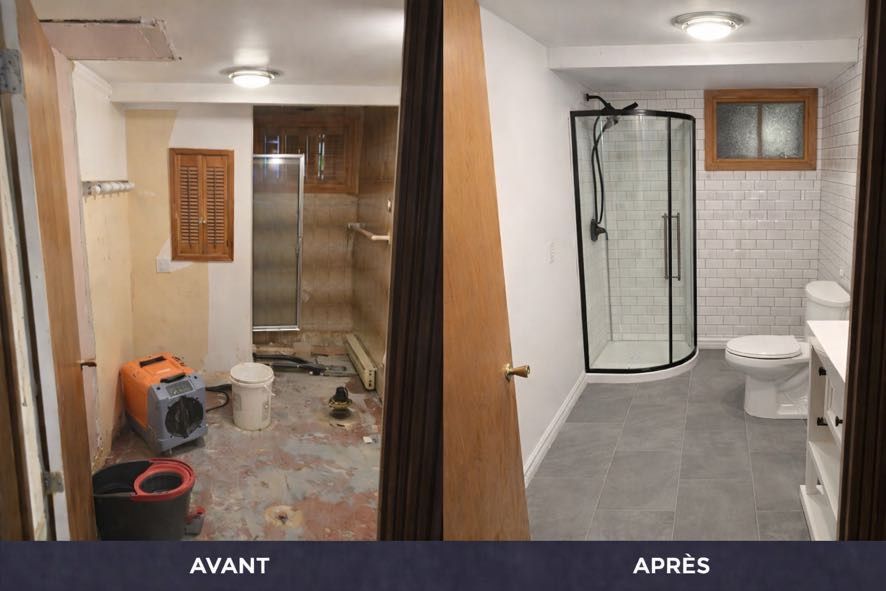 Comparaison côte à côte d'une rénovation de salle de bains, montrant un chantier inachevé et une pièce terminée.
