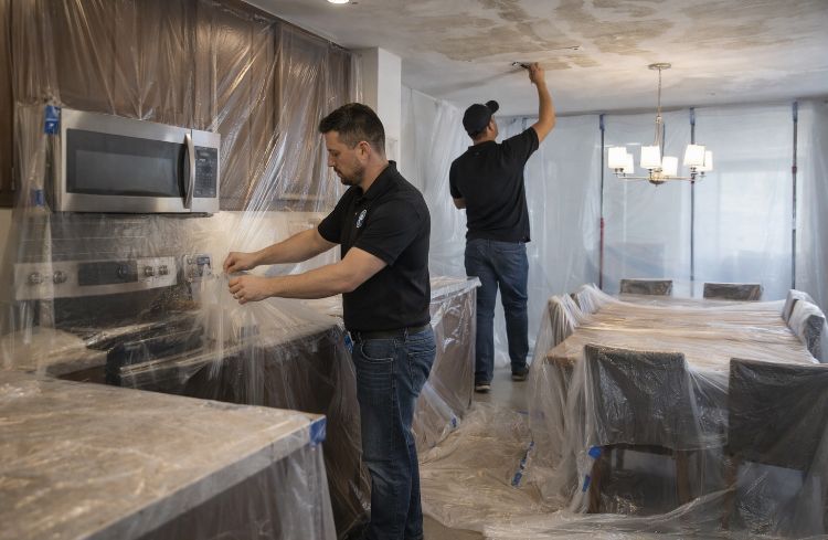 Deux professionnels en chemises noires préparent une cuisine en vue de sa réparation, en recouvrant les appareils électroménagers et les meubles de plastique protecteur.