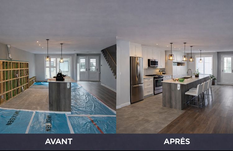 Photos avant/après d'une rénovation de maison comprenant l'installation d'un îlot de cuisine, de nouveaux placards et une nouvelle finition de sol.