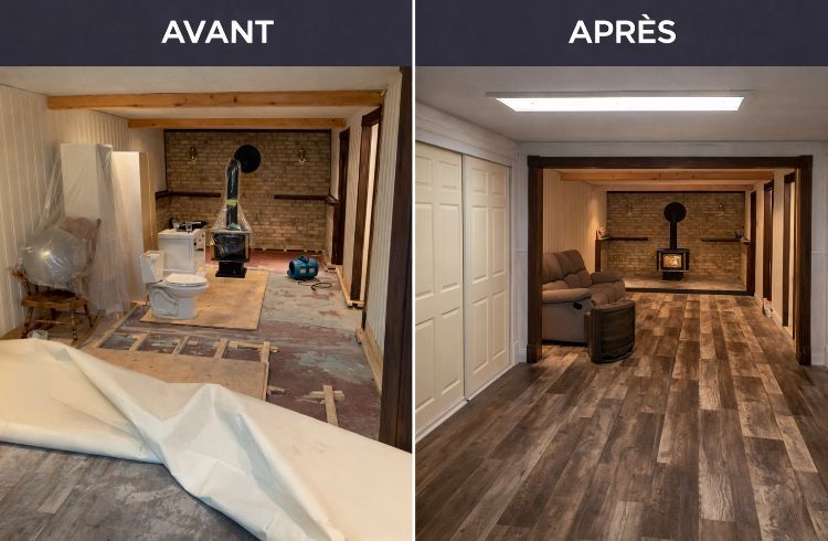 Comparaison avant et après la rénovation d'une pièce, montrant l'espace débarrassé des débris de construction et rénové avec un nouveau revêtement de sol.
