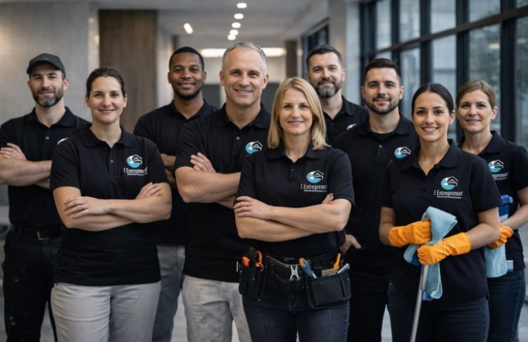 Une équipe de neuf professionnels en polos noirs assortis, équipés de matériel de nettoyage, sourient dans le couloir d'un bureau moderne.