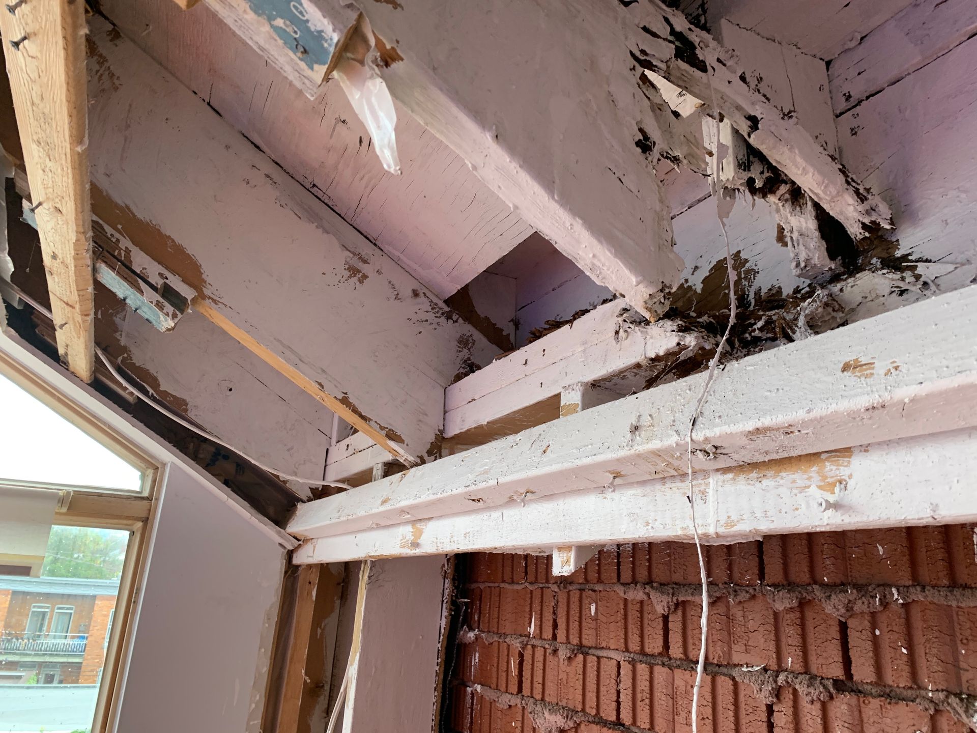 Plafond intérieur endommagé laissant apparaître l'isolant rose, la charpente en bois et des débris sombres près d'un mur de briques.