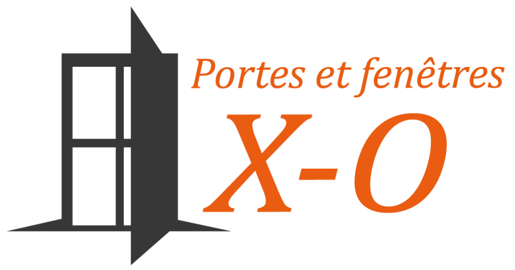 Logo pour « Portes et fenêtres XO » présentant une icône de porte noire stylisée à côté d'un texte orange.