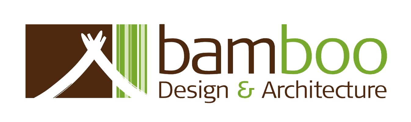 Logo pour Bamboo Design & Architecture présentant une icône de tente stylisée à côté du nom de la marque en caractères bruns et verts.