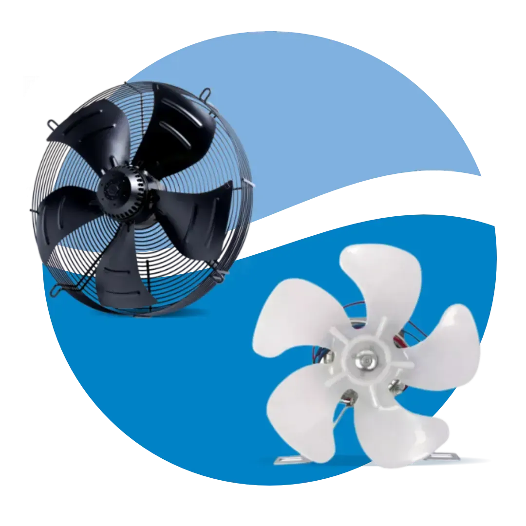 Um leque preto e um leque branco estão em um círculo azul