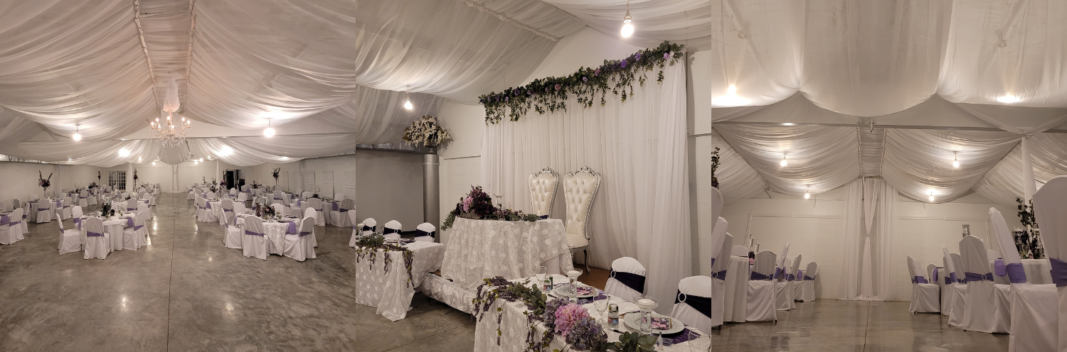Elegant white wedding reception tent with draped fabric, chandeliers, and decorated tables