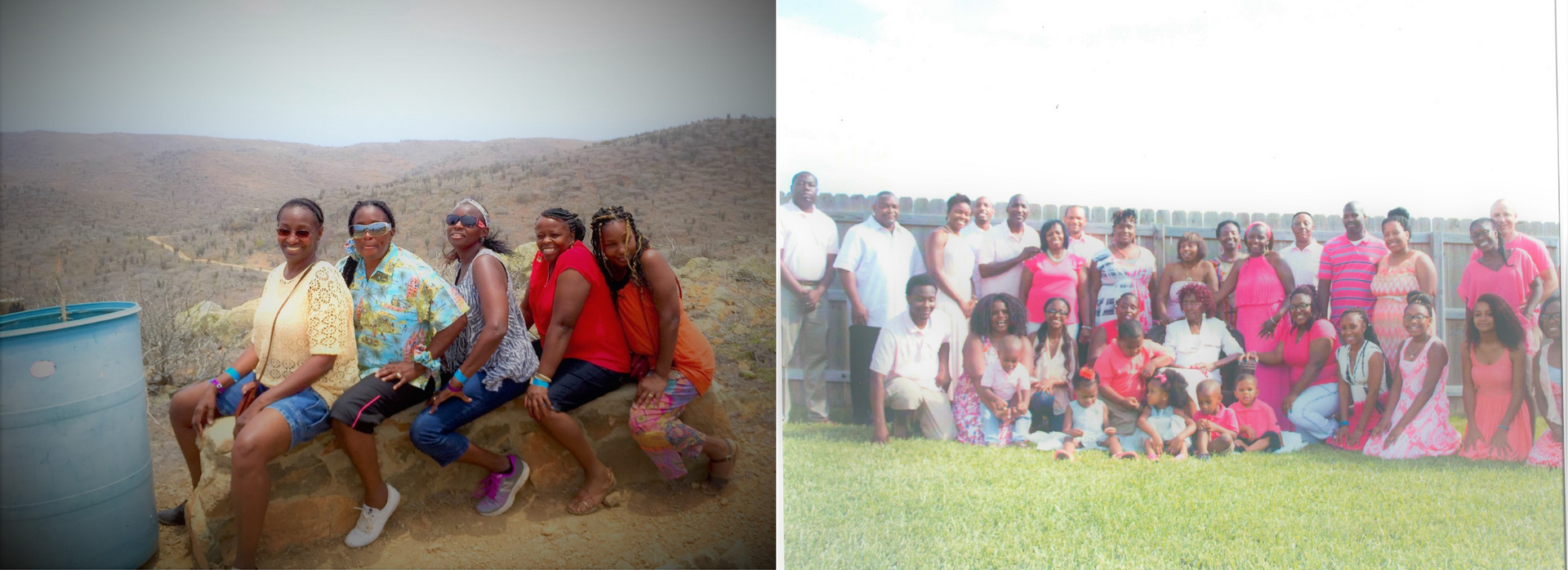 Two group photos outdoors, people seated and standing on grassy terrain under a hazy sky.