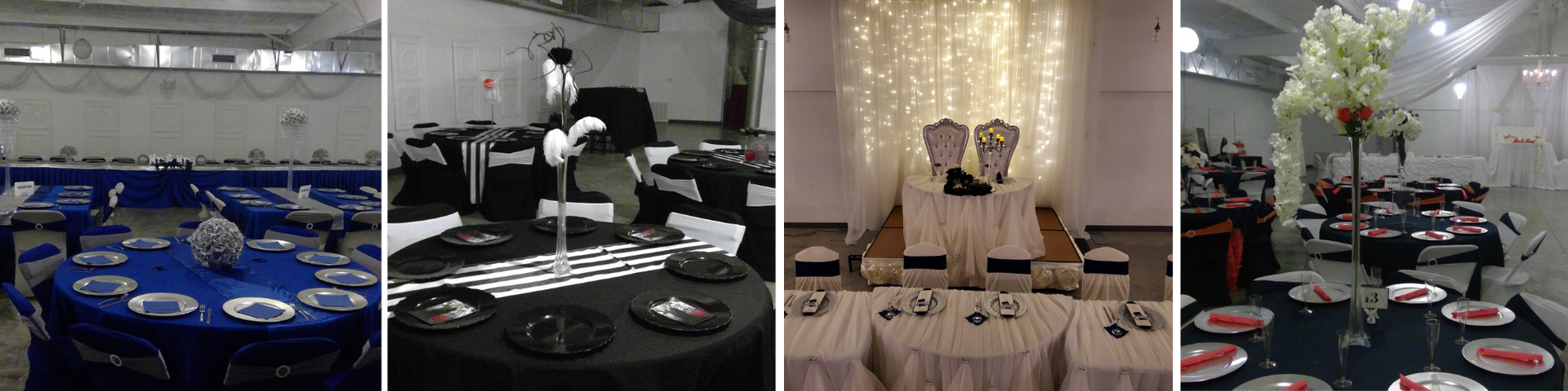 Banquet hall with round tables, chairs, and floral centerpieces, seen in multiple setup views