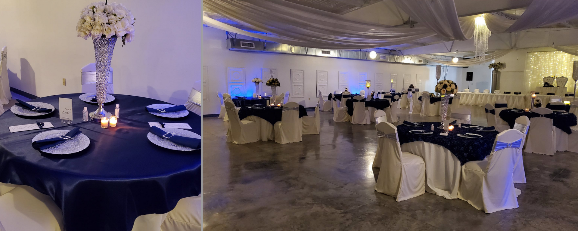 Decorated banquet hall with navy and white table settings and floral centerpieces for an event