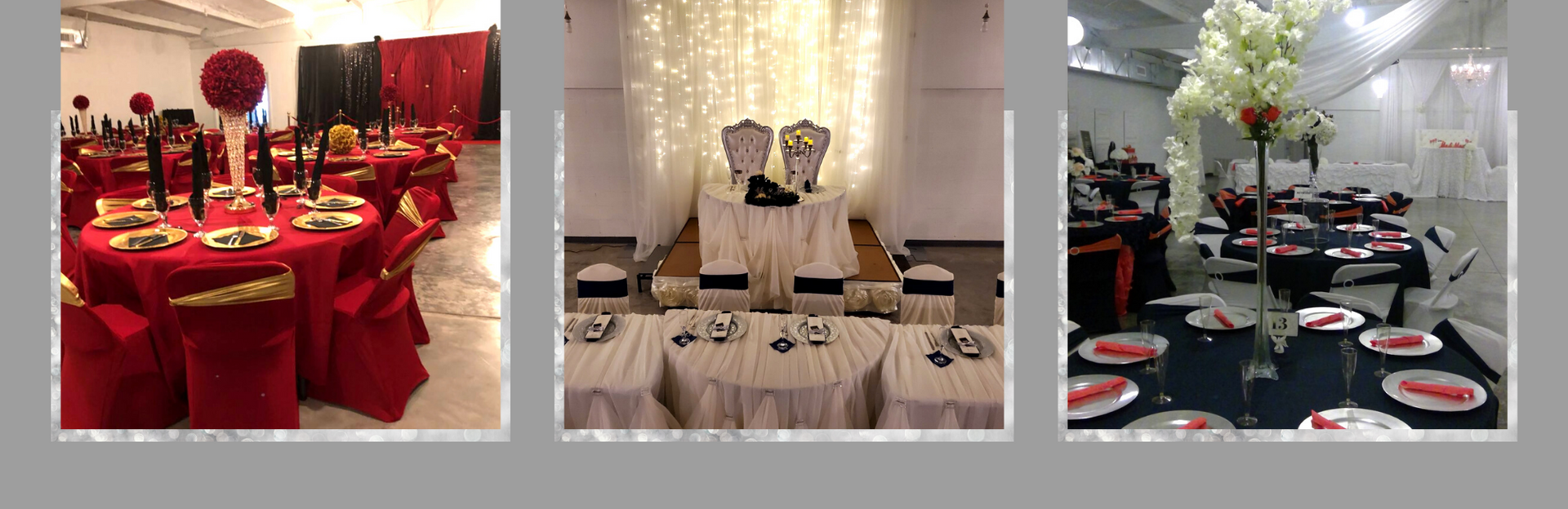 Three banquet hall setups with red and white table settings and chandeliers
