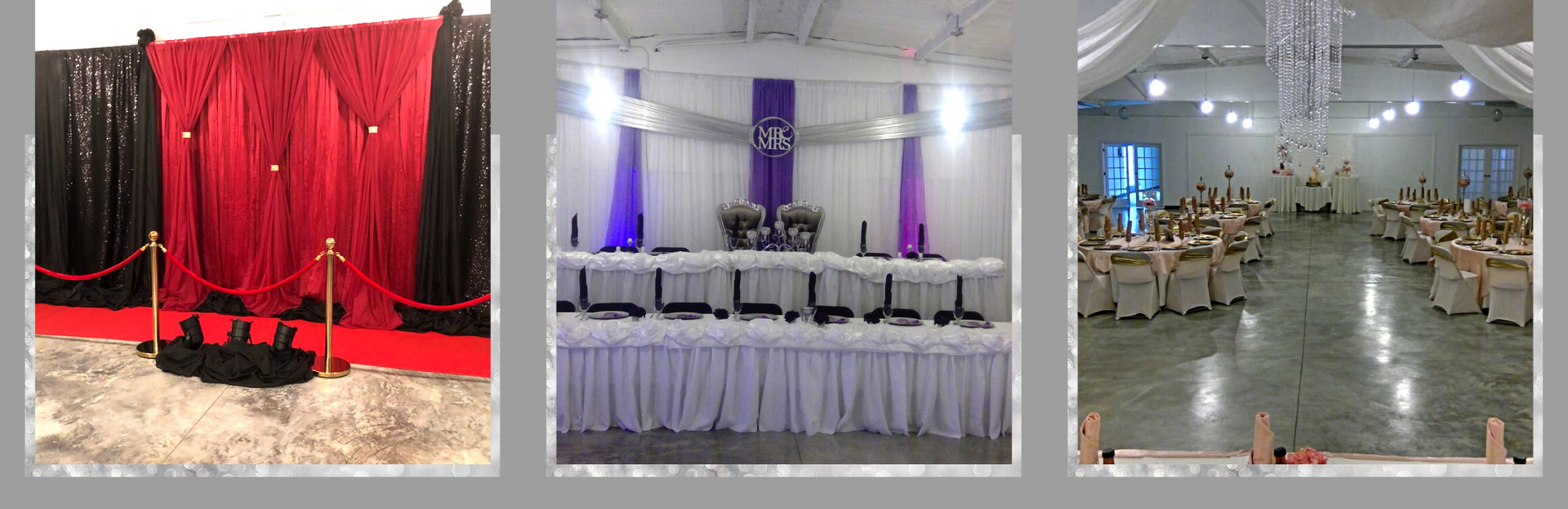 Decorated event hall with red drapes, white tables, and chandeliers in a glossy banquet room