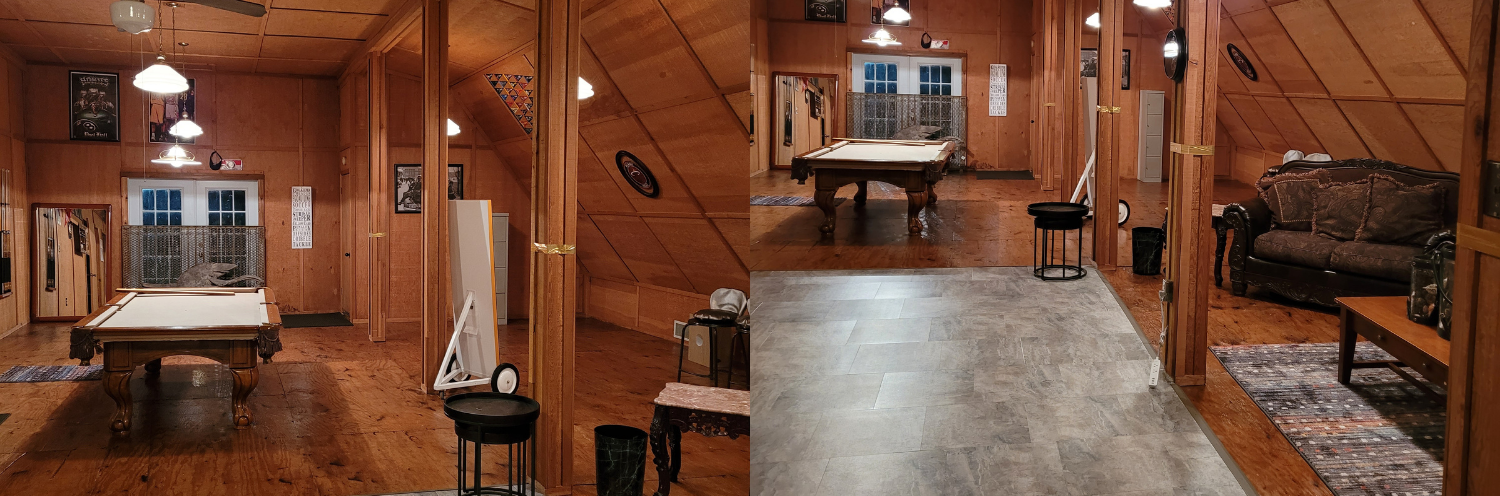 Cozy wood-paneled cabin interior with rustic furniture, bed, stove, and dining table