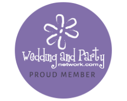Purple circular Wedding and Party Network.com logo with flower icon and “Proud Member” text