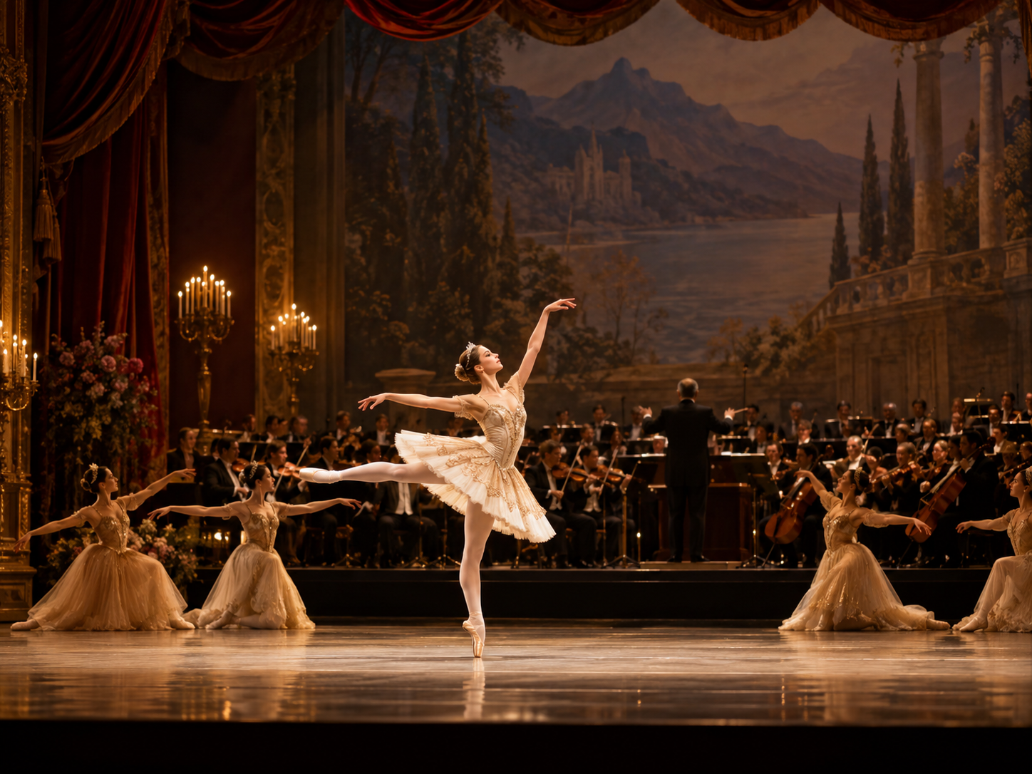 Ballet dancer in white performs onstage with orchestra and ornate theater backdrop