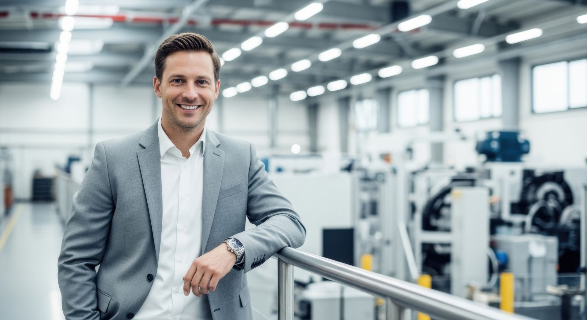 Me & Him Removals & Storage business  client in a grey suit smiling in a bright factory, leaning on a railing among machinery following a relocation.