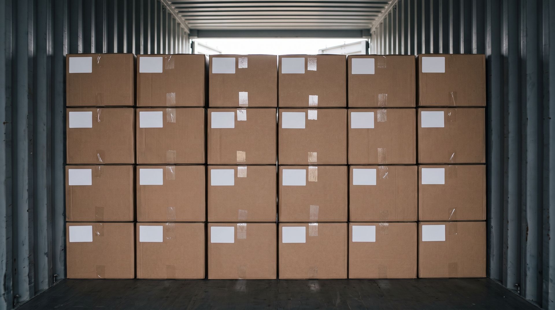 Stacked cardboard boxes filling a shipping container