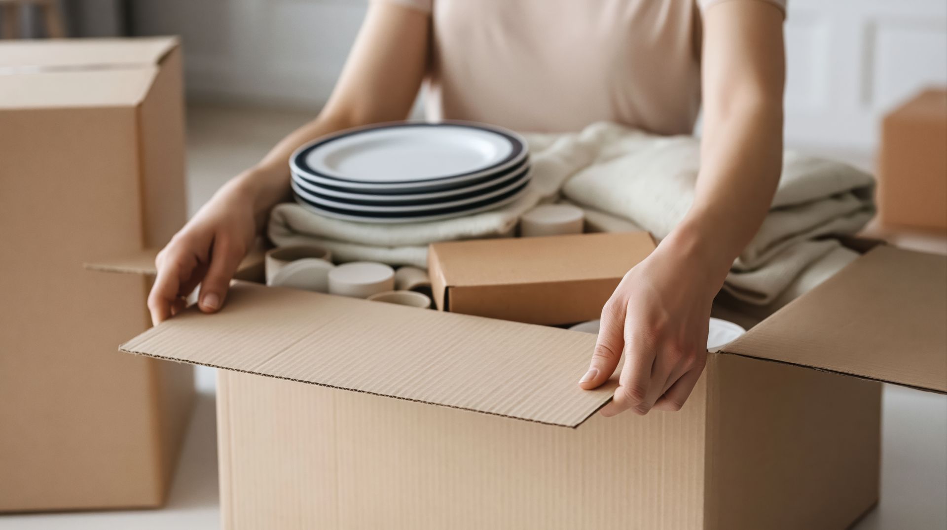 Woman packing dishes into a Me & Him Removals cardboard box amid moving boxes.