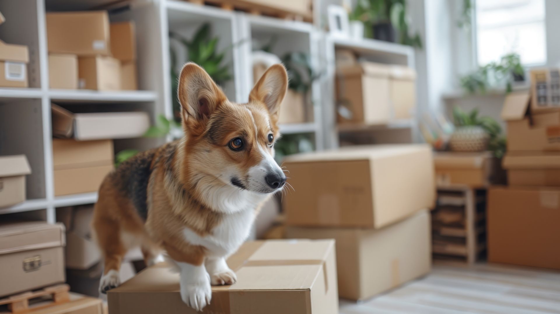 Small corgi standing on cardboard boxes in a bright room with more packed boxes in the background