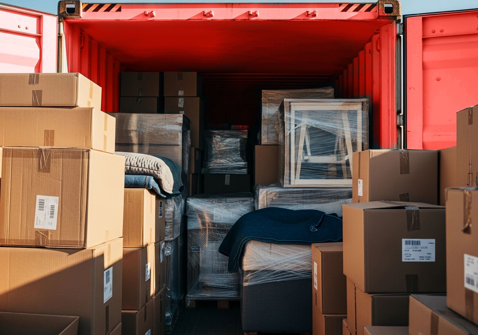 Open red shipping container packed with cardboard boxes and wrapped furniture in storage.