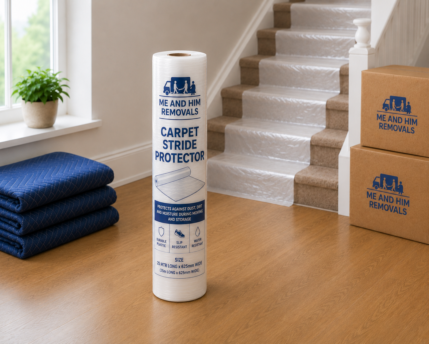 Carpet protector roll beside folded blue towels in a stairway and hardwood floor setting