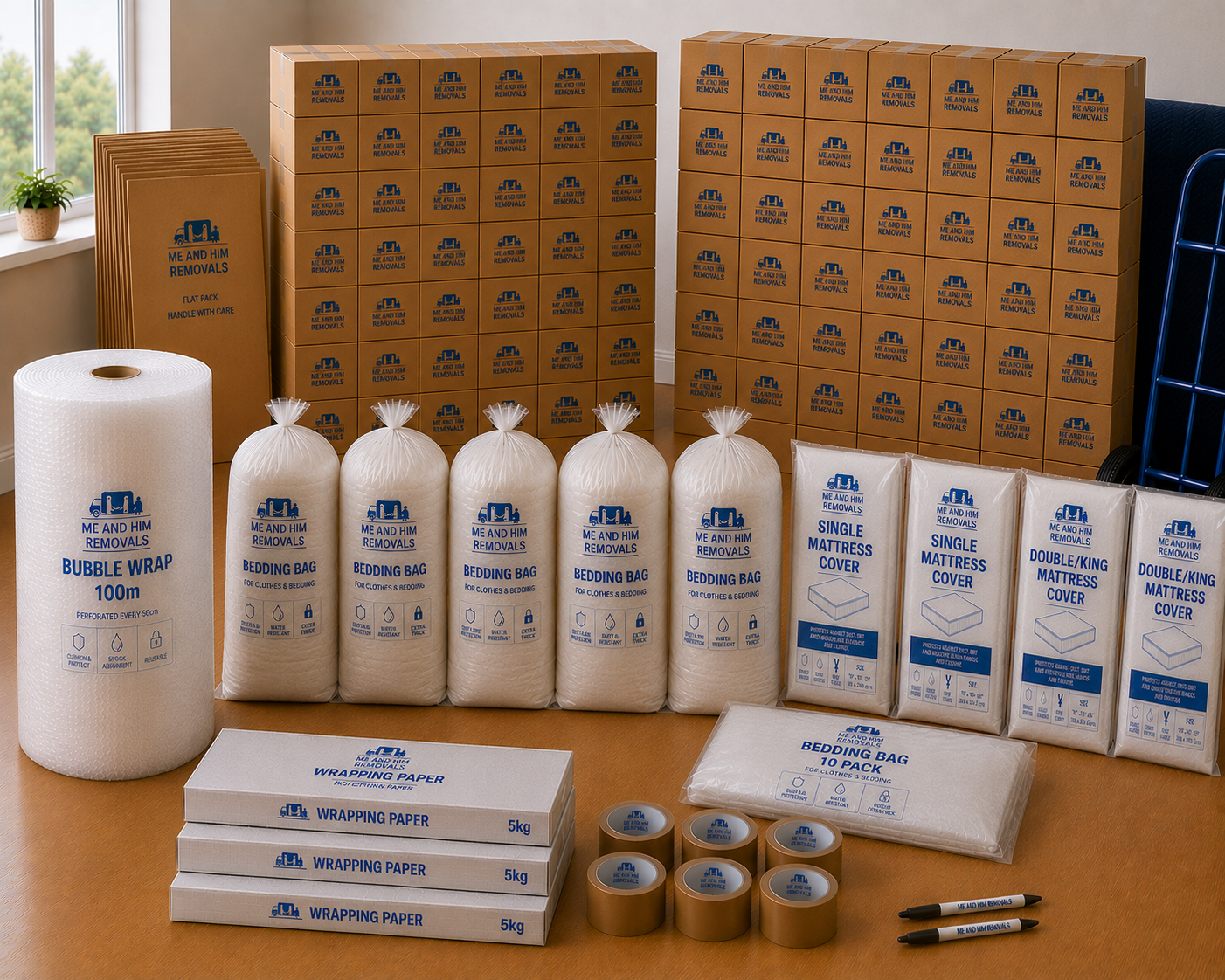 A large pack of packaging materials arranged on a table with stacked cardboard boxes in the background