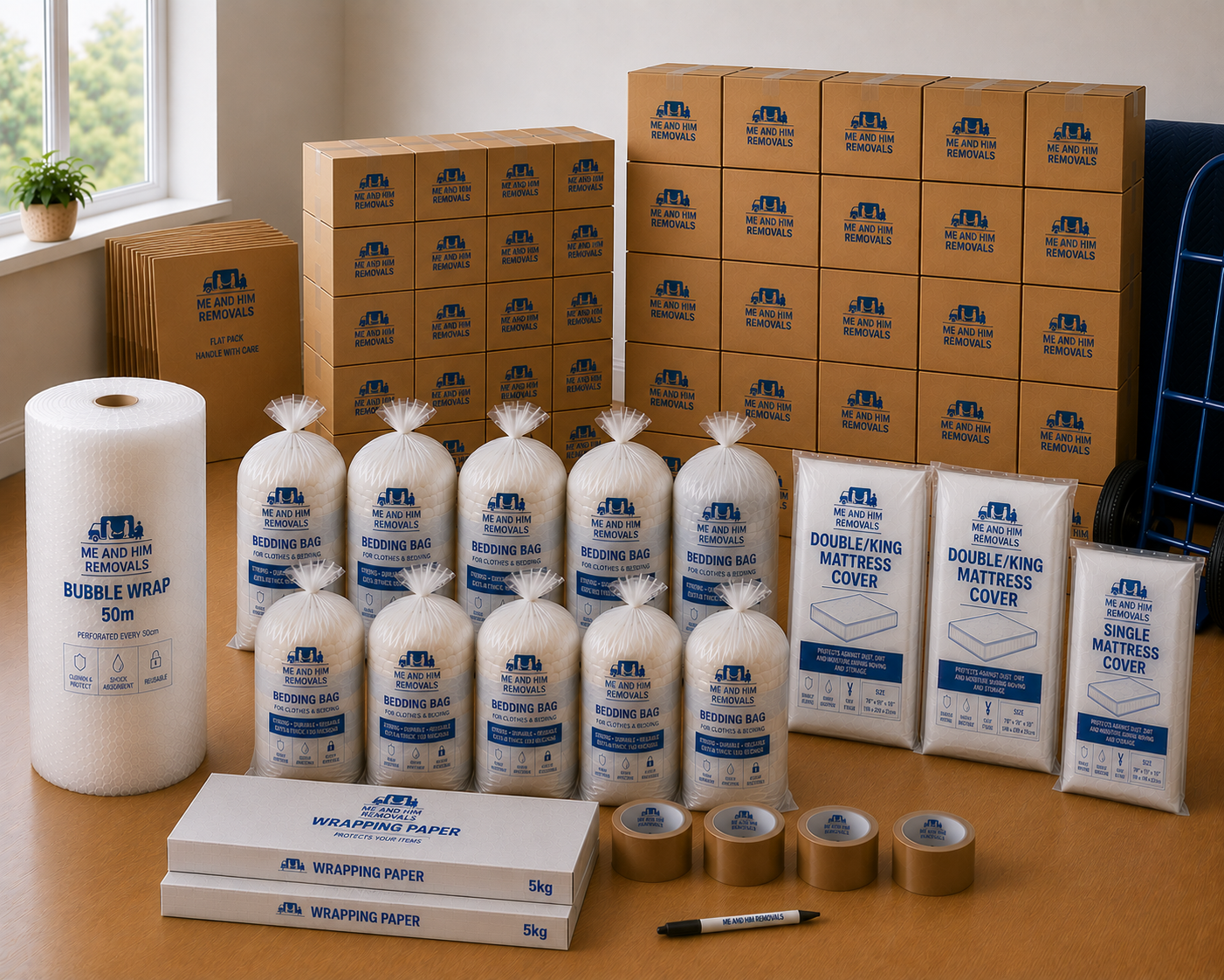 A medium pack of packaging materials arranged on a table with stacked cardboard boxes in the background