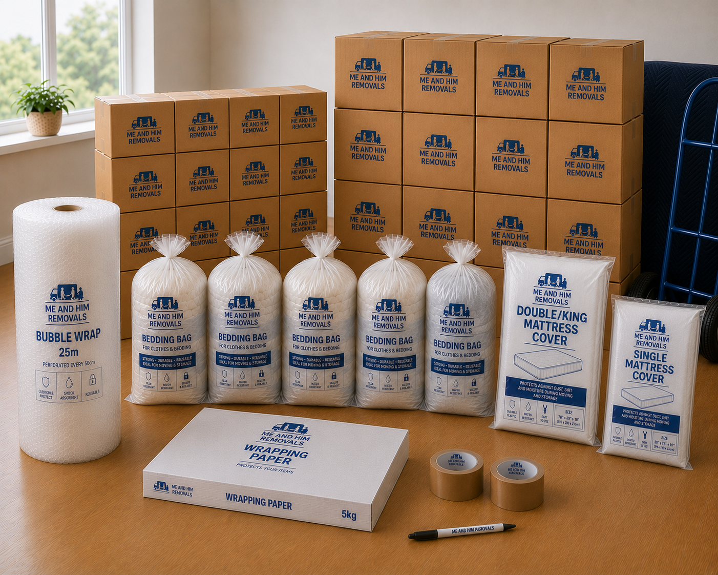 A small pack of packaging materials arranged on a table with stacked cardboard boxes in the background