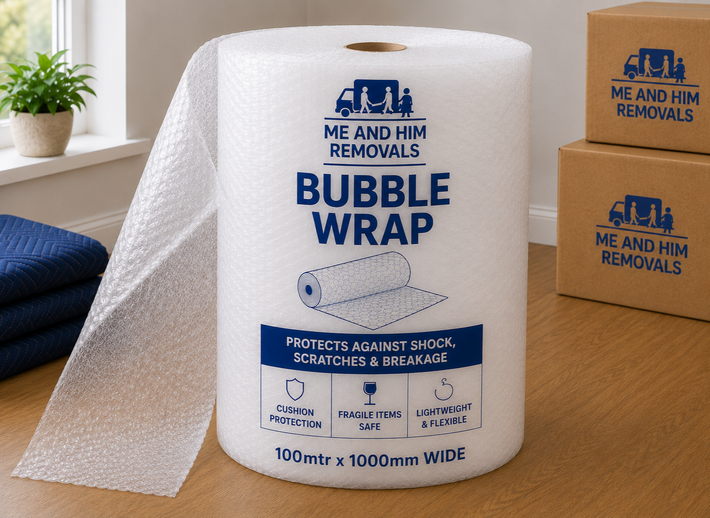 ME & HIM REMOVALS & STORAGE BRANDED BUBBLE WRAP ROLL 100M