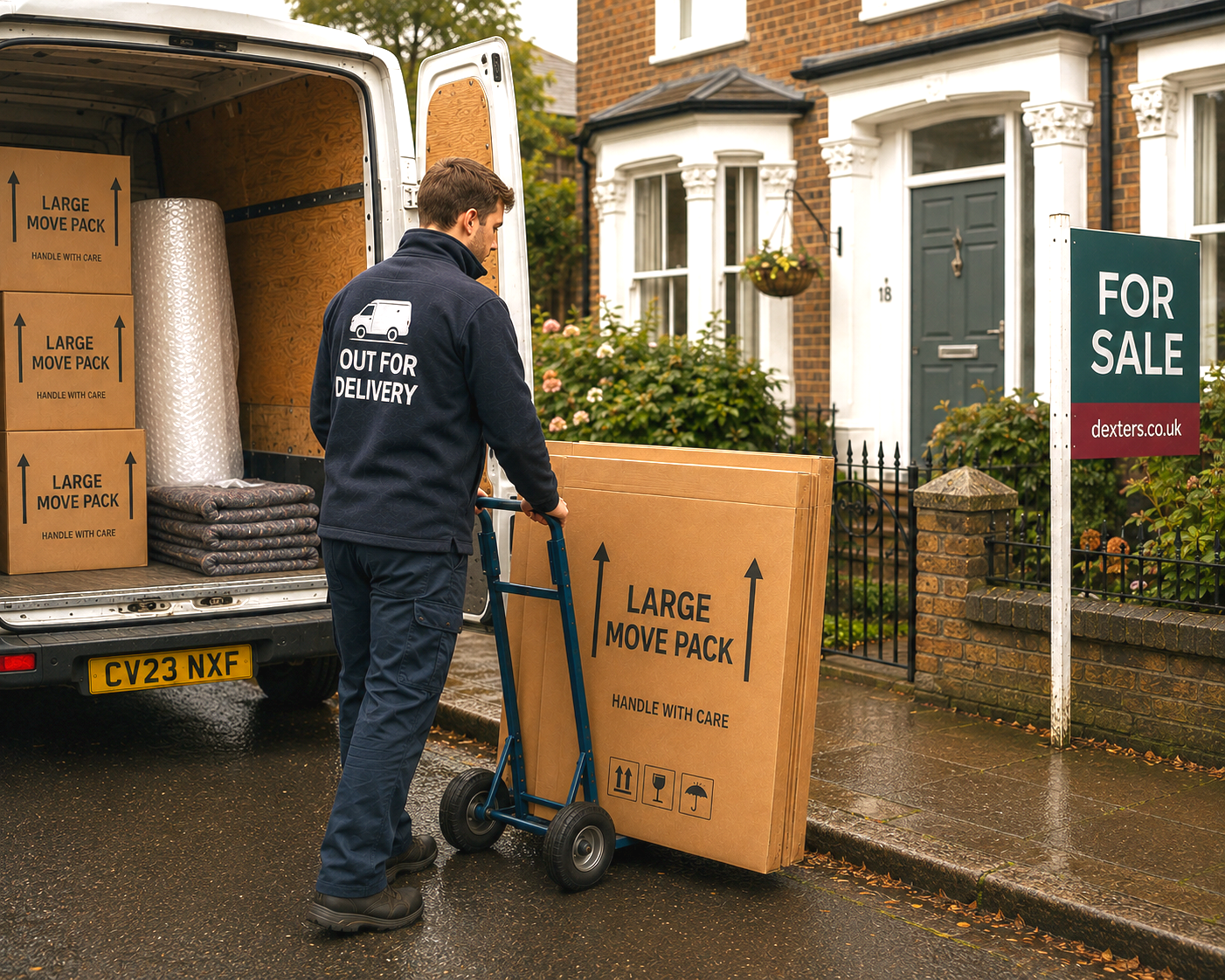 Delivery driver moving a large framed package from a van outside a house with a 