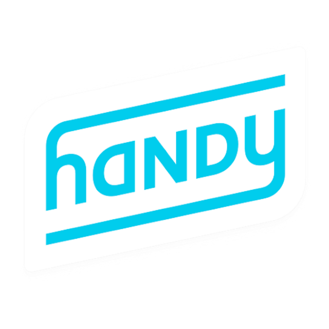 A blue handy logo on a white background