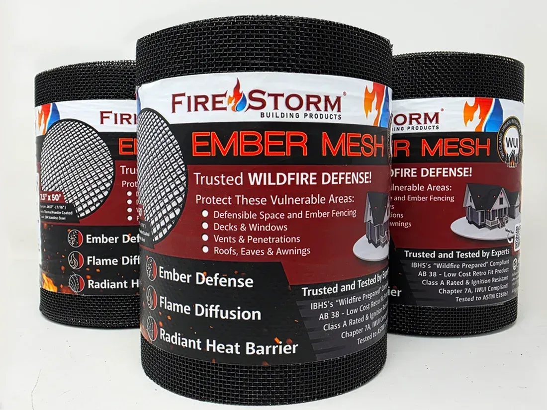 Three rolls of black FireStorm ember mesh with red and white labels, arranged side by side.