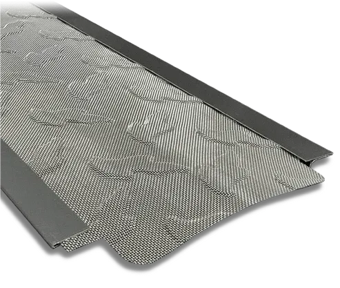 Black metal mesh filter panel with a dark frame, shown at an angle on a white background