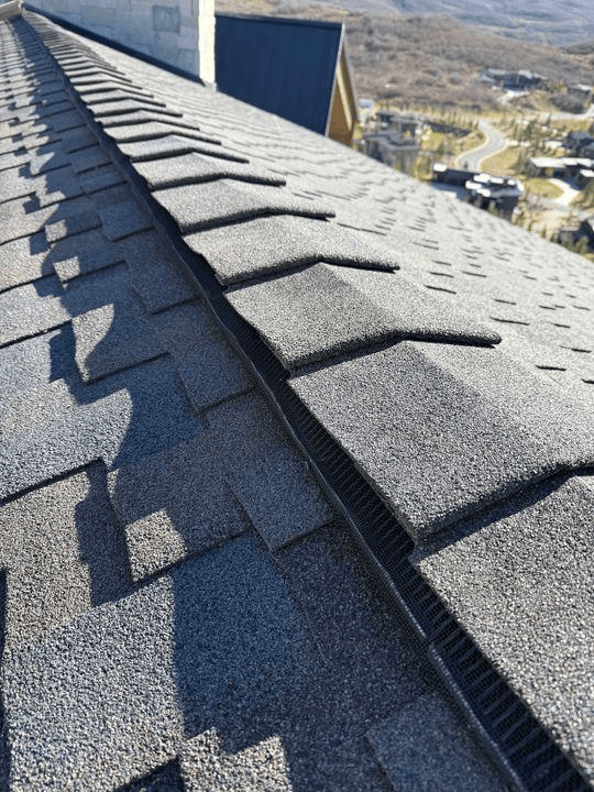 Close-up of a gray shingled roof with a ridge vent, overlooking a snowy landscape
