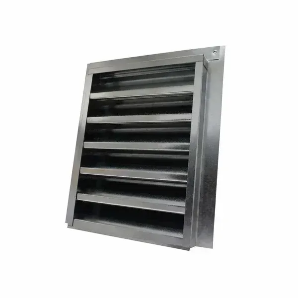 Silver metal ventilation grille with horizontal slats, angled on a white background