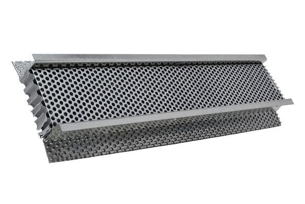 Gray perforated metal vent grille with a raised center section on a white background