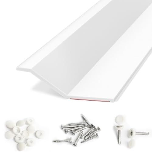 White plastic trim molding with mounting screws and clip fasteners laid out on a white background