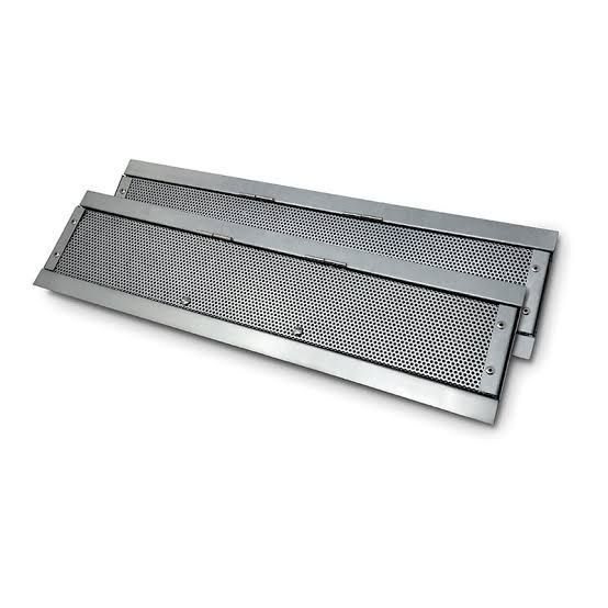 Two silver perforated metal vent grilles, stacked and overlapping on a white background