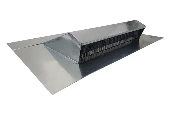 Metal rooftop vent with a sloped hood and silver flashing base on white background