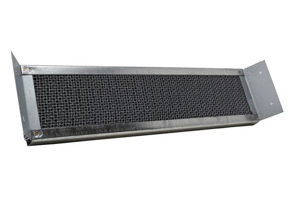 Rectangular metal vent or filter grille with dark mesh and silver side brackets
