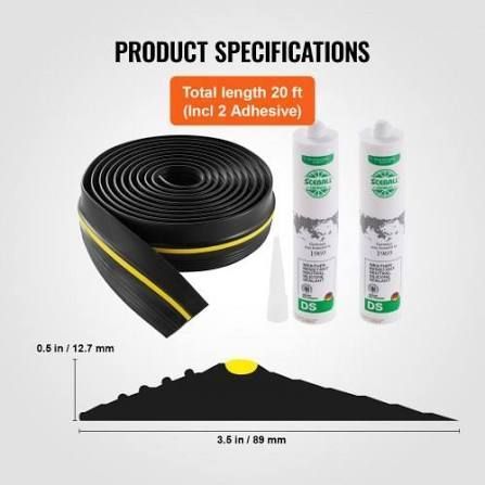 Product specs for black sealing tape and two adhesive tubes, showing size dimensions and total length.