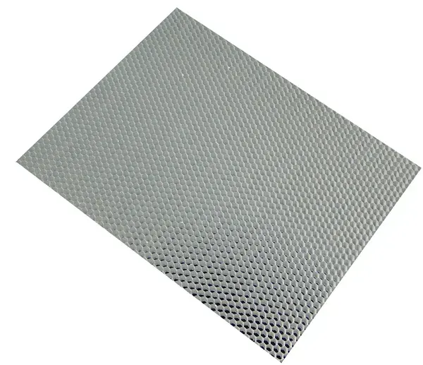 Gray metal perforated sheet with a diamond-patterned texture on a white background