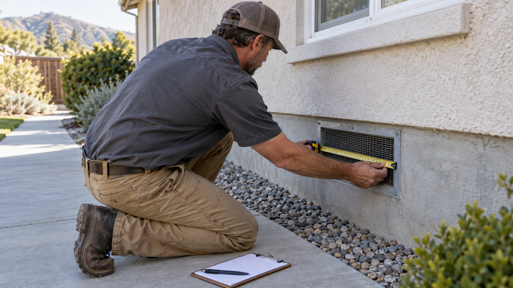 Illustration of a contractor measuring an existing foundation vent before selecting a replacement.