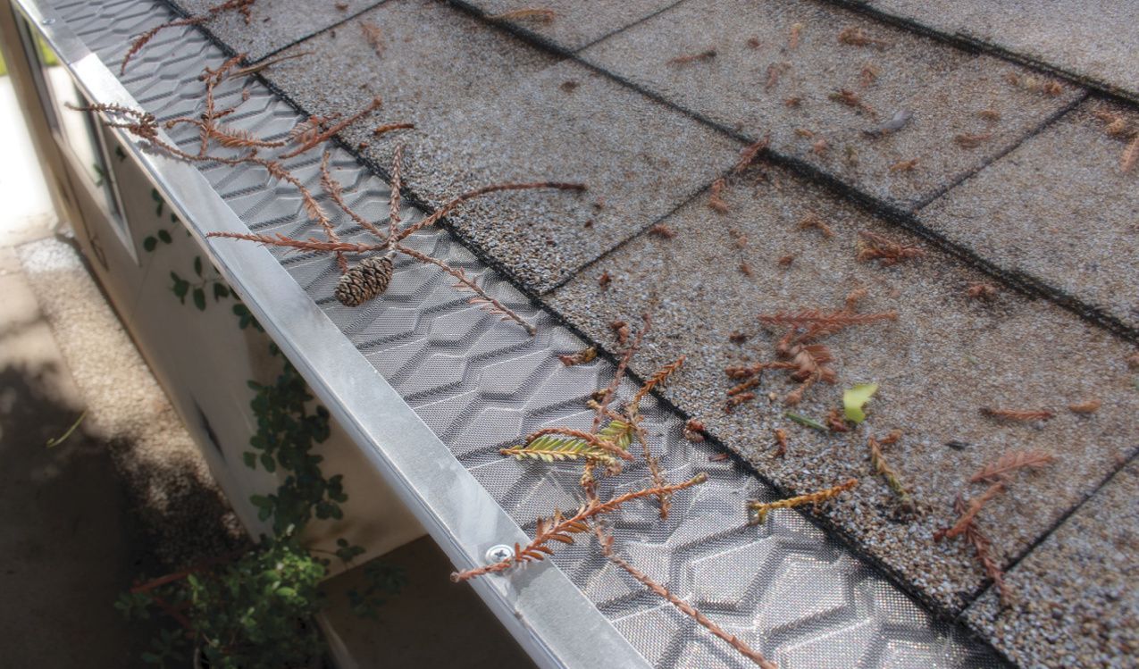 Leaf Defender stainless-steel raised-pattern gutter guard with aluminum rails installed beside roof shingles