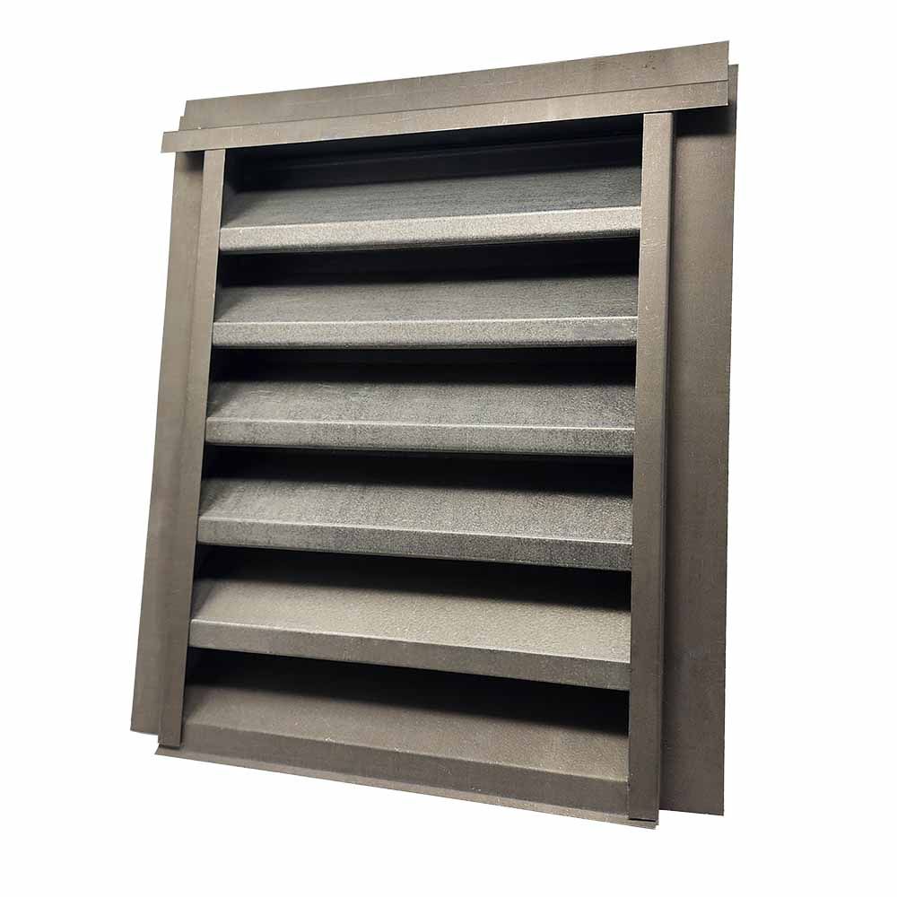 Metallic vent with angled slats, shown against a white background