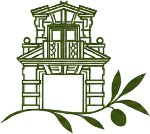 Green line-art logo of a classical building with leafy branch accents on a white background