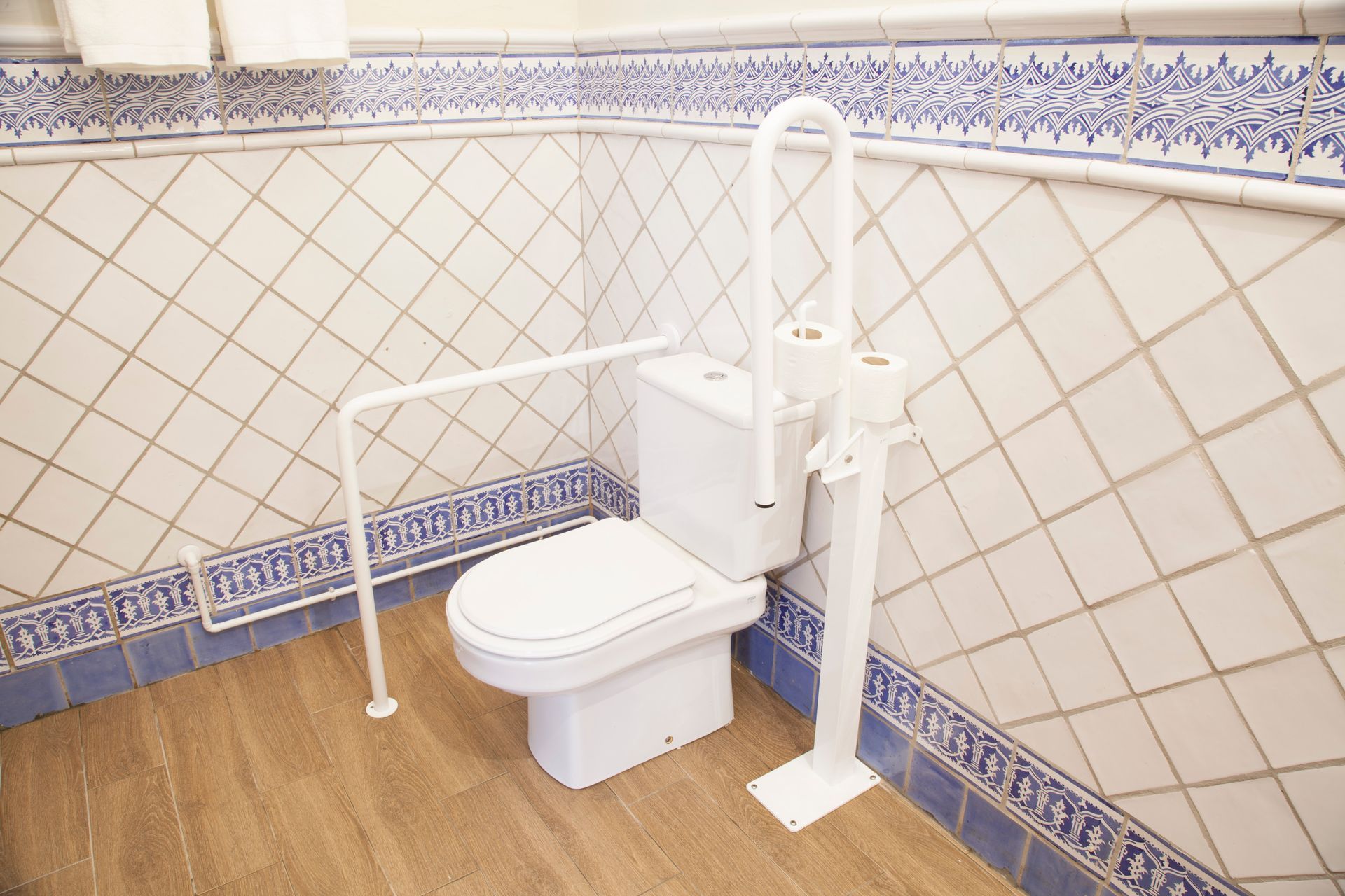 Accessible toilet with white grab bars and support frame in a tiled bathroom.