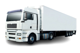 Un camion bianco con un lungo rimorchio vuoto, inclinato verso sinistra, stagliato su uno sfondo bianco uniforme.