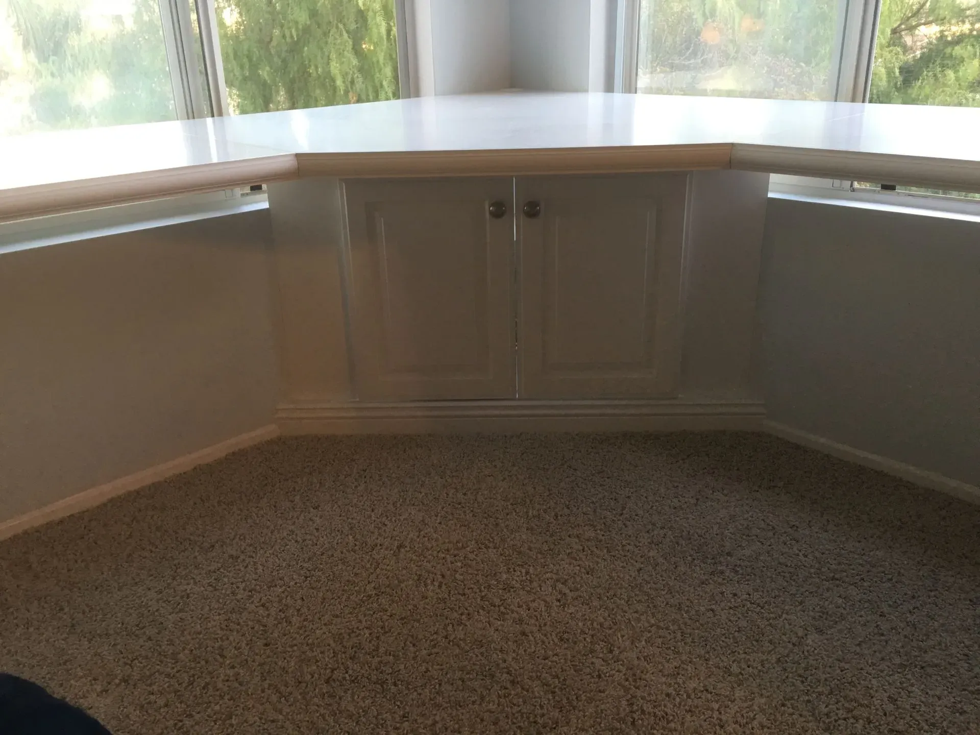 Bay window nook with built-in cabinet, white trim, and carpeted floor in a bright room