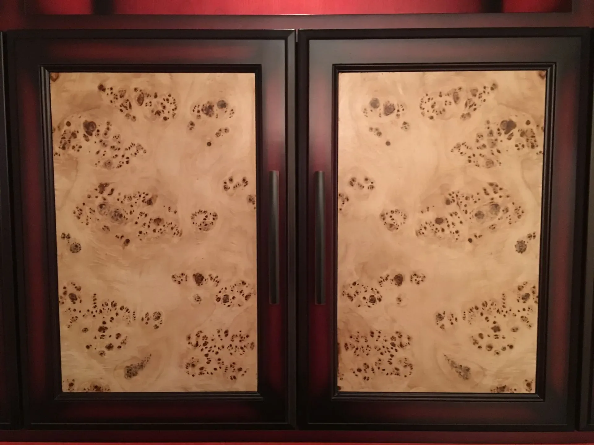 Two framed beige panels with scattered paw-print patterns on a dark wooden wall.